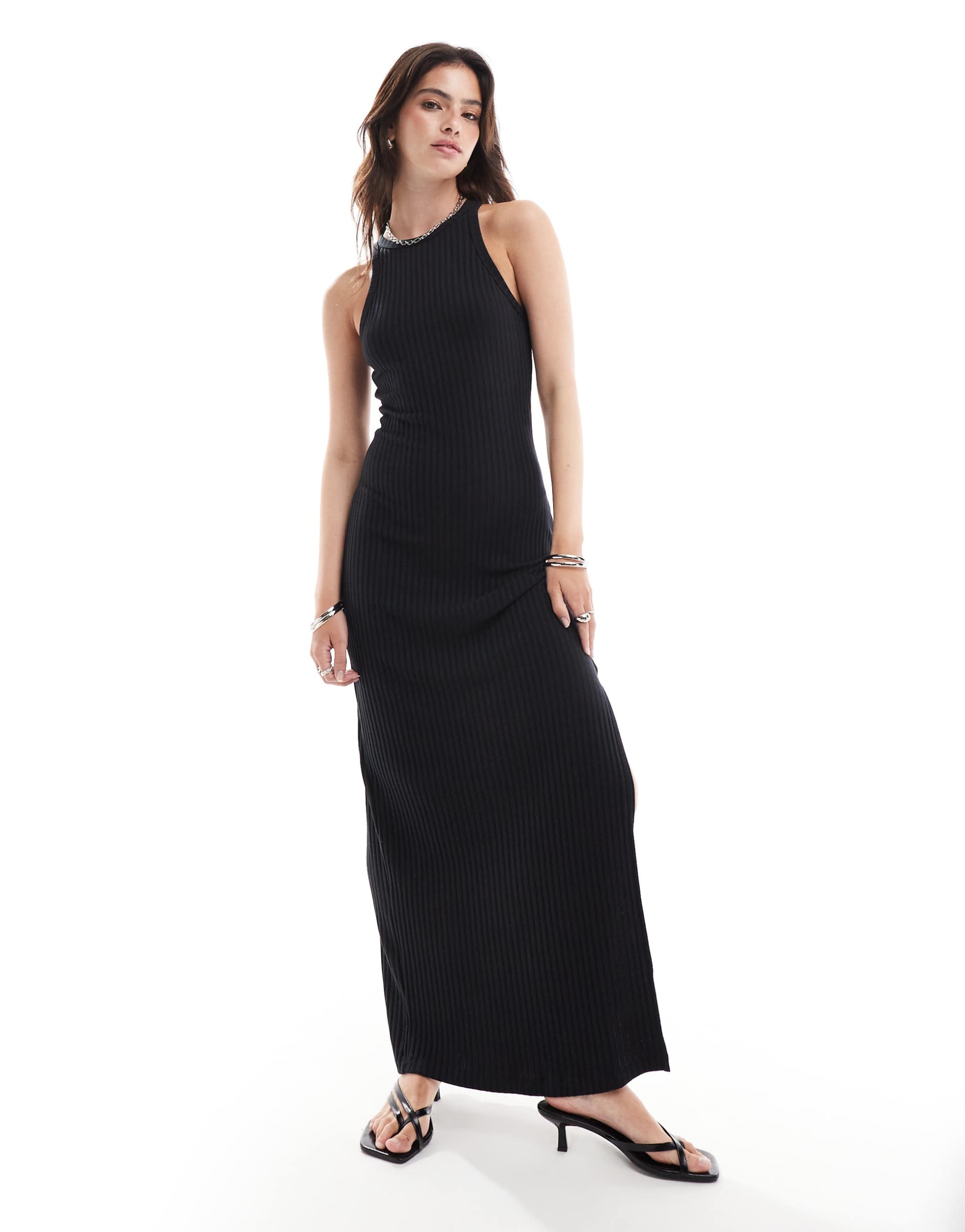 miss selfridge ribbed halter neck midi dress in black