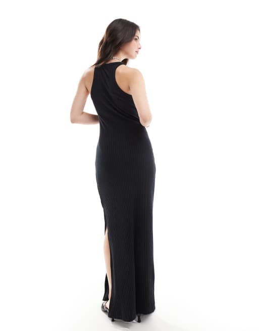 Miss Selfridge ribbed halter neck midi dress in black, 2 of 4