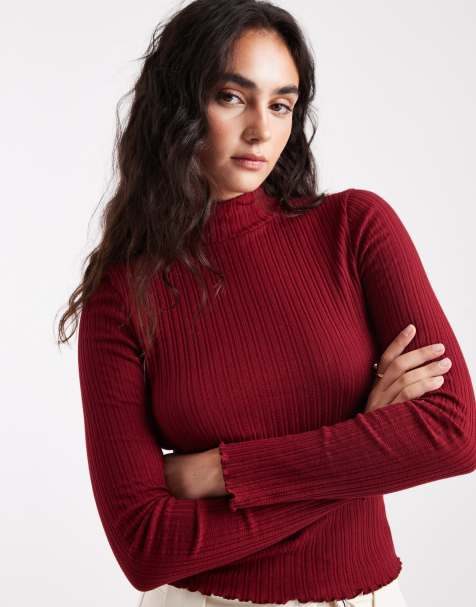 Miss Selfridge ribbed high neck top in red - view 1