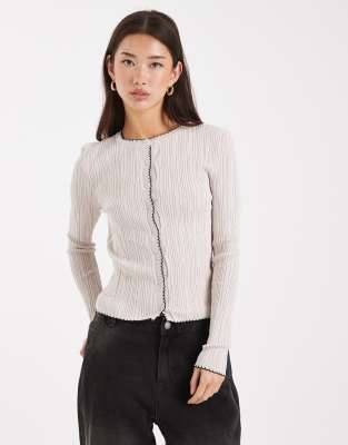 Miss Selfridge Ribbed Knit Blanket Stitch Cardigan In Neutral