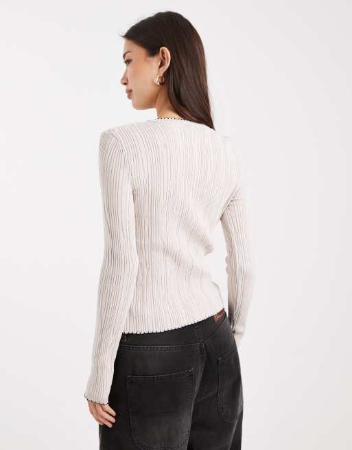 Miss Selfridge ribbed knit blanket stitch cardigan in cream, 4 of 4