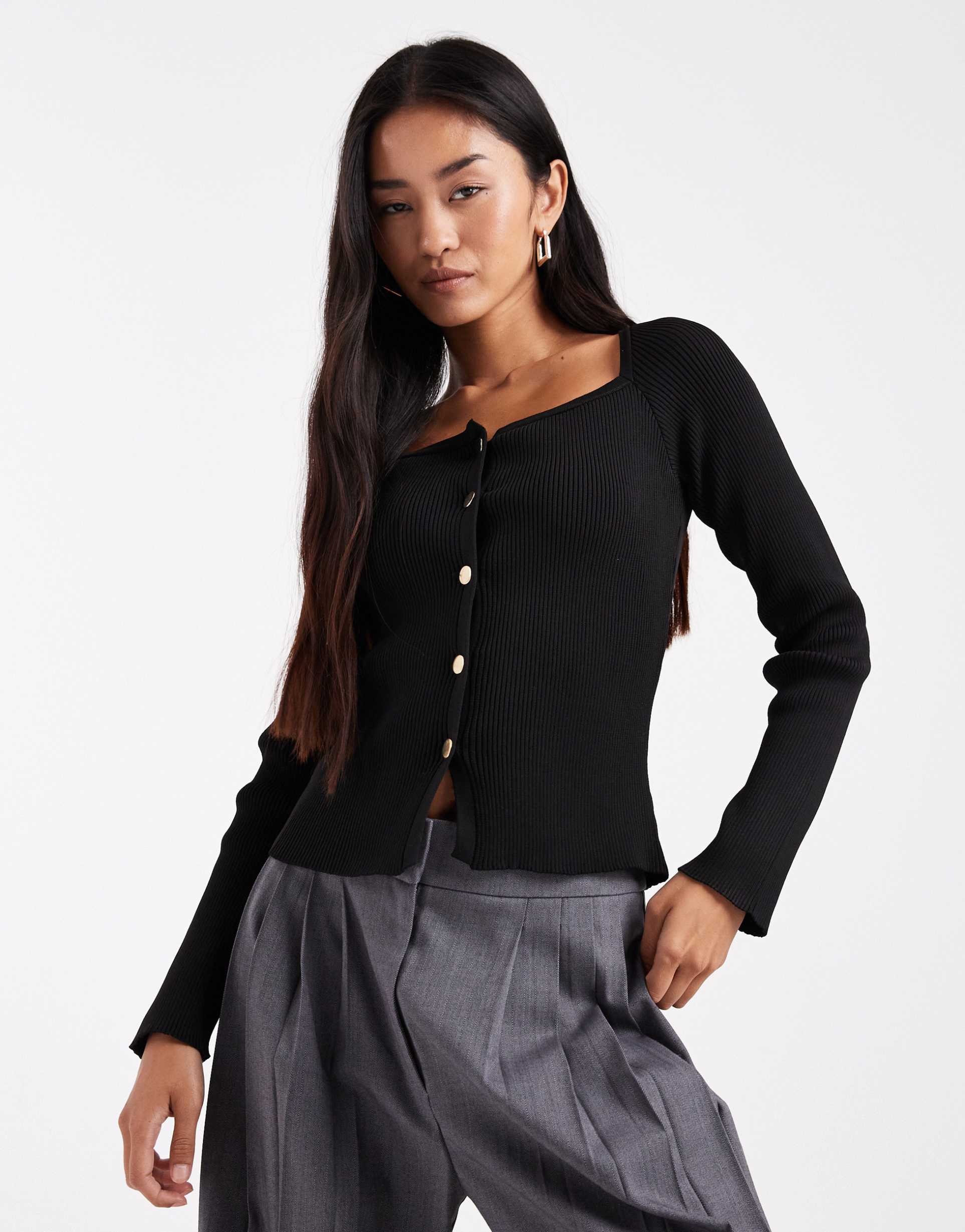 miss selfridge ribbed knit button top