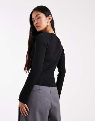 Miss Selfridge Ribbed Knit Button Top-black In Black