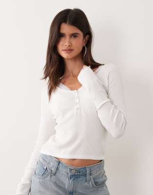 Miss Selfridge Ribbed Knit Lace Button Up Long Sleeve Top In White