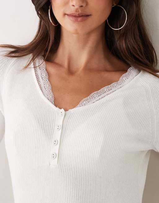 Miss Selfridge ribbed knit lace button up long sleeve top in cream, 4 of 4