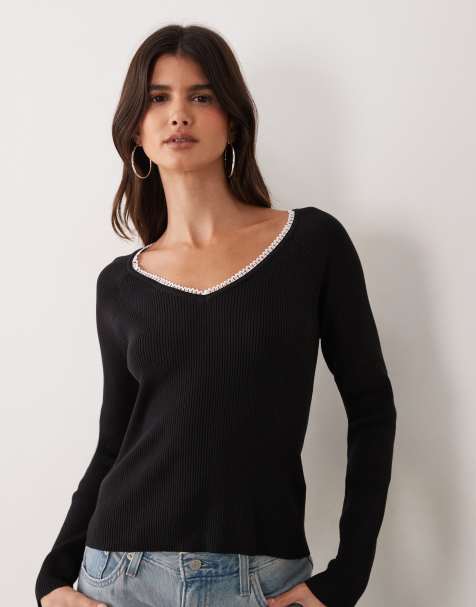 Miss Selfridge ribbed knit lace trim scoop fitted top in black - view 1