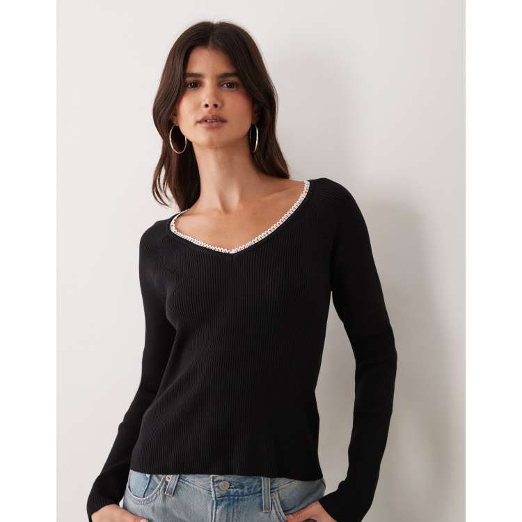 Miss Selfridge ribbed knit lace trim scoop fitted top in black | ASOS