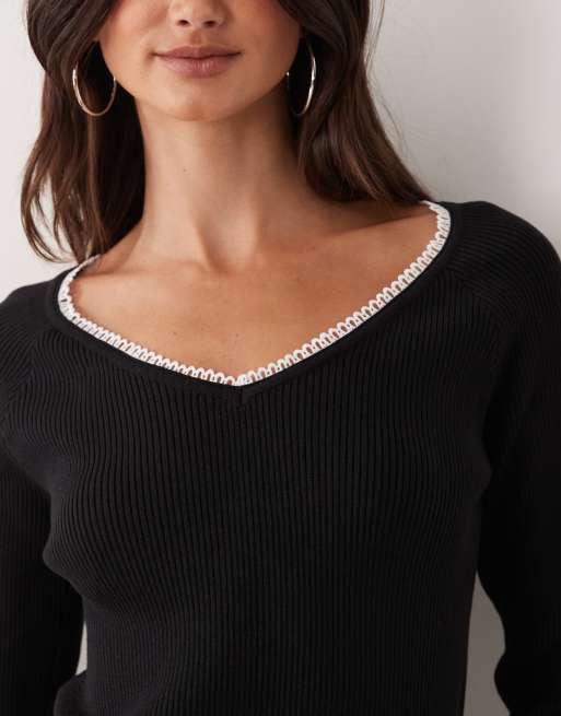 Miss Selfridge ribbed knit lace trim scoop fitted top in black, 3 of 4
