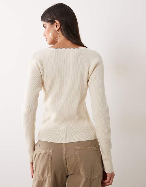 Miss Selfridge ribbed knit lace trim V neck fitted top in cream, 4 of 4