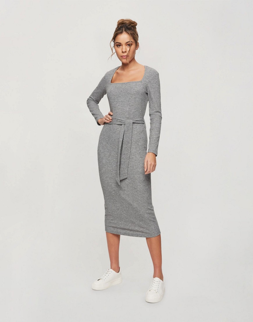 Miss Selfridge ribbed knitted midi dress in gray-Grey