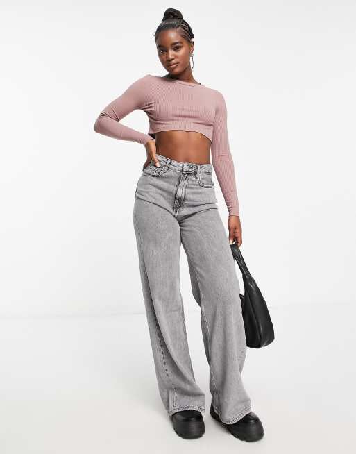 Miss Selfridge ribbed long sleeve crop top in taupe | ASOS