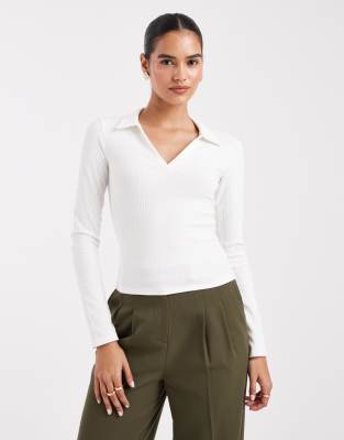 Miss Selfridge Ribbed Long Sleeve Polo Top In White
