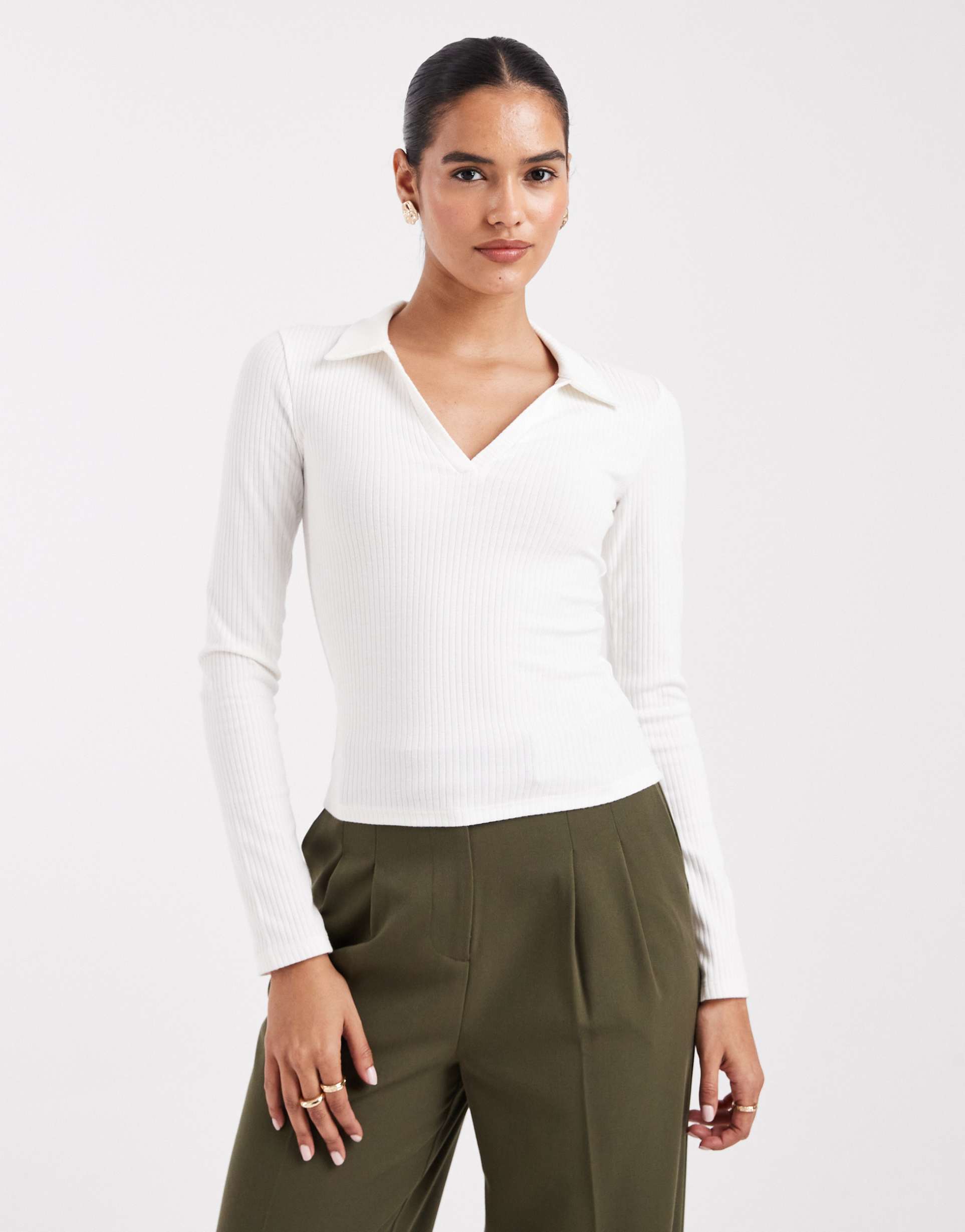 miss selfridge ribbed long sleeve polo top in cream