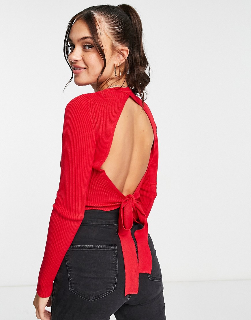 Miss Selfridge ribbed open back long sleeve knit top in red