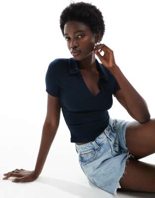 ribbed polo top in navy
