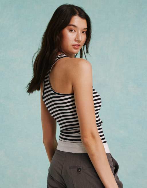 Miss Selfridge long sleeve backless top in black and white stripe