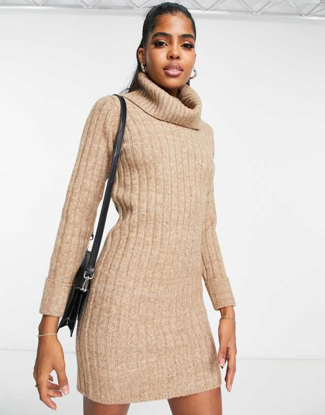 Miss Selfridge ribbed roll neck mini dress in mocha