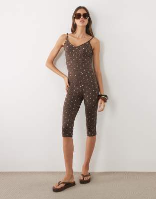 Miss Selfridge Ribbed Romper With Lace Trim In Brown