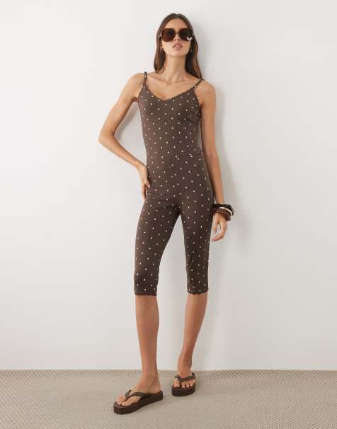 Miss Selfridge ribbed romper with lace trim in polka dot print - view 1