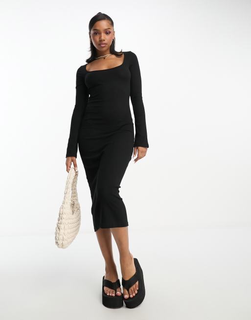 Black Scoop Neck Long Sleeve Bodycon Midi Dress