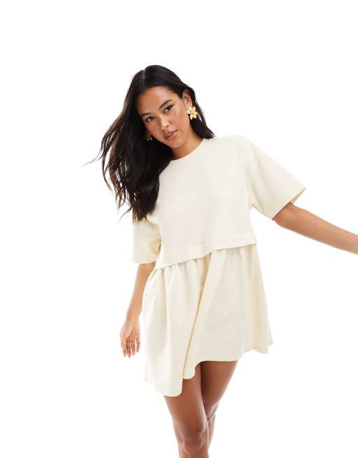Miss Selfridge ribbed short sleeve smock dress in butter yellow, 3 of 4