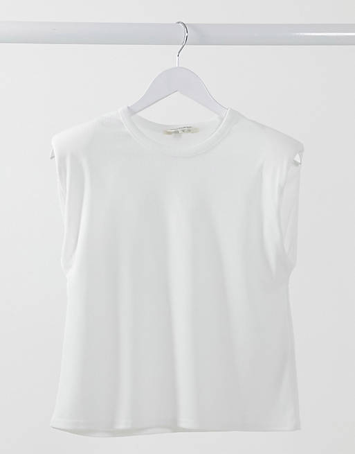 Miss Selfridge ribbed shoulder pad T-shirt in white
