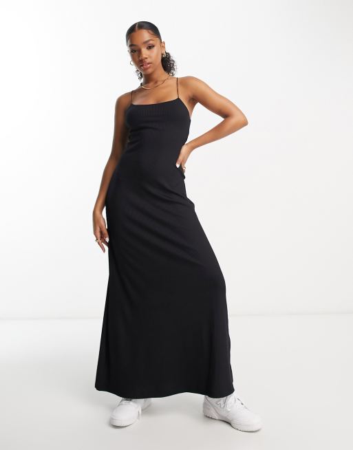 Miss Selfridge ribbed skinny strap cami maxi dress in black, 3 of 4