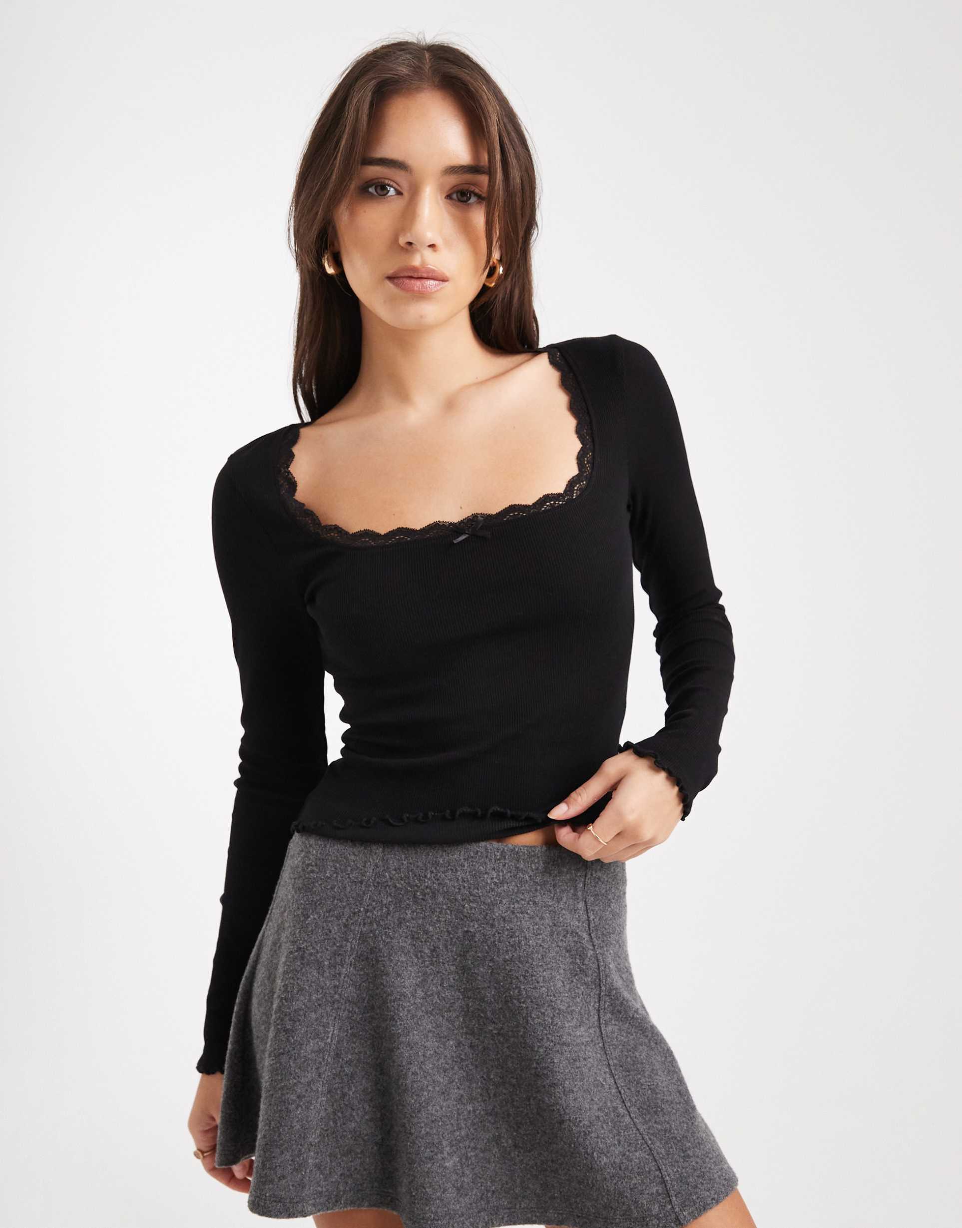 miss selfridge ribbed square neck top in black