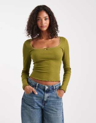 Miss Selfridge Ribbed Square Neck Top In Green