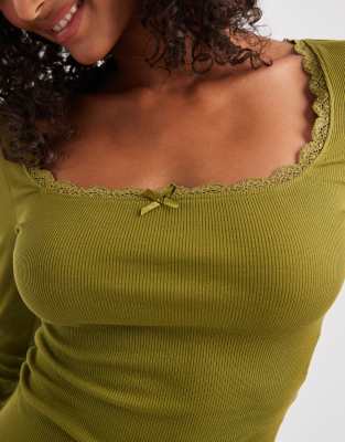 Miss Selfridge Ribbed Square Neck Top In Green