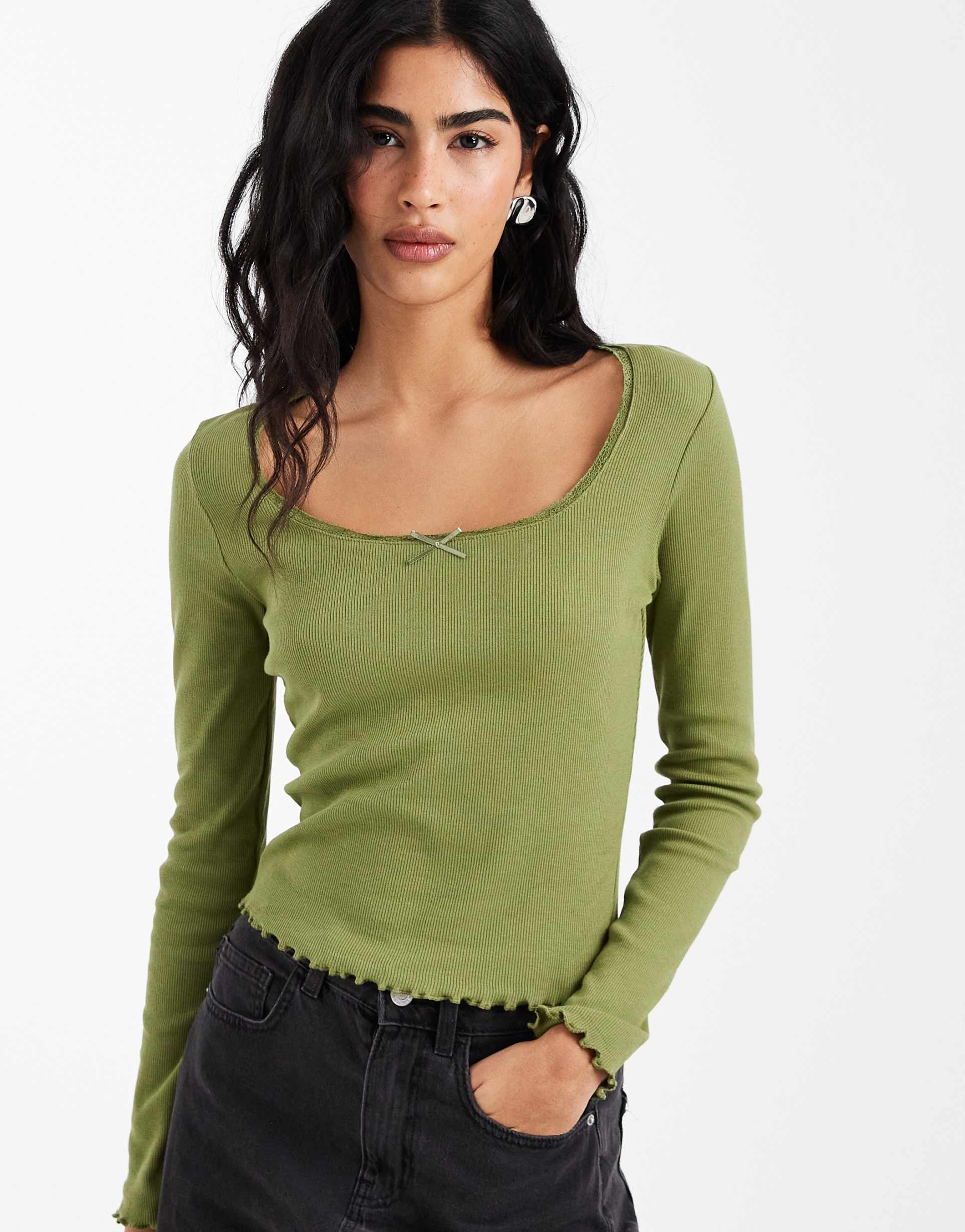 miss selfridge ribbed square neck top in olive