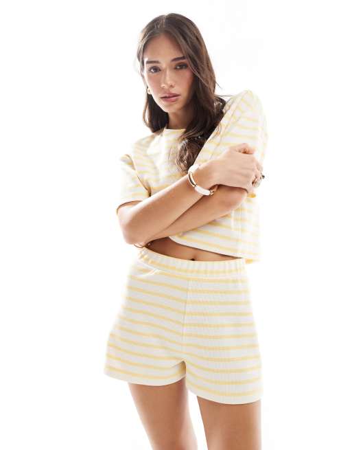 Miss Selfridge ribbed stripe short co ord in butter, 2 of 5