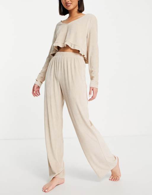 Ribbed Cropped Top and Pajama Pants Set