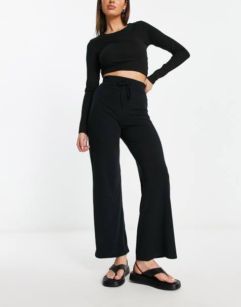 Miss Selfridge ribbed wide leg pants in black - view 1