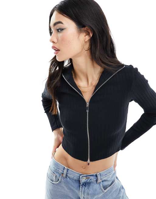 Miss Selfridge ribbed zip up long sleeve top in black