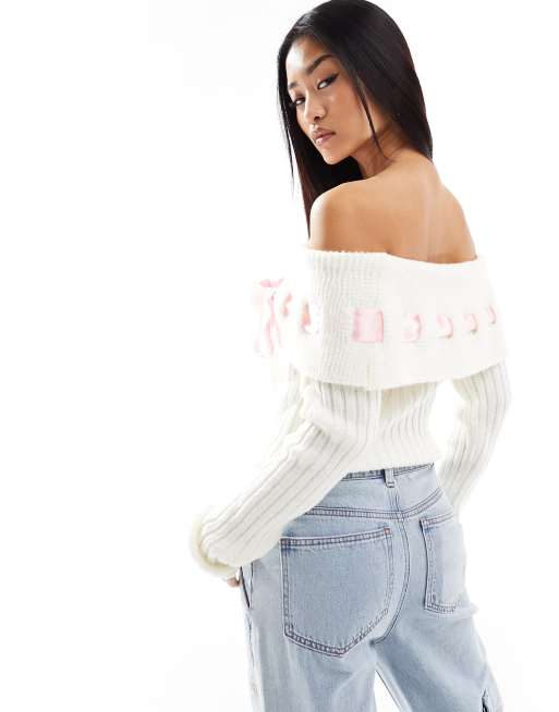 Miss Selfridge ribbon detail bardot knitted jumper, 2 of 4