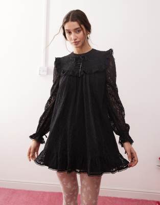Miss Selfridge Miss Selfridge ribbon detail lace smock dress in black