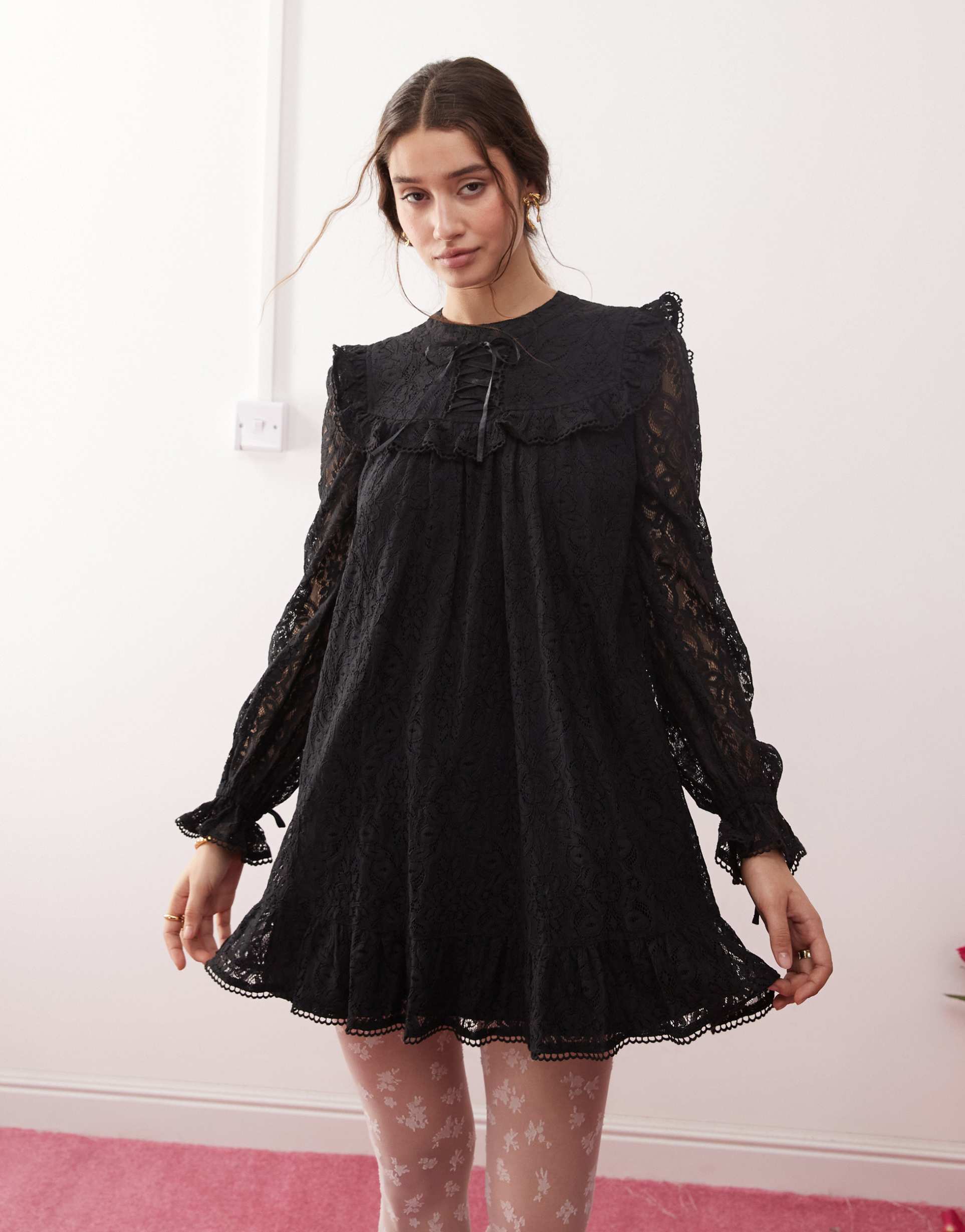 miss selfridge ribbon detail lace smock dress in black