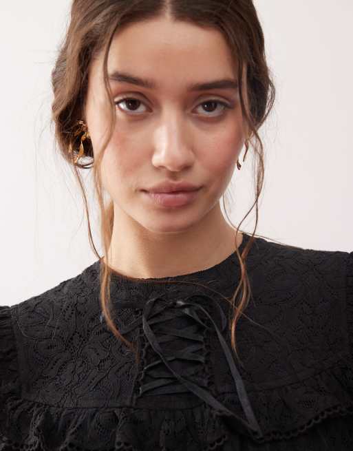 Miss Selfridge ribbon detail lace smock dress in black | ASOS