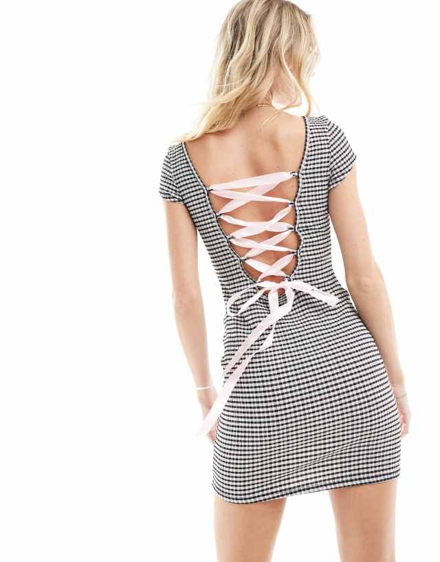 Miss Selfridge - ribbon tie back mini dress in gingham