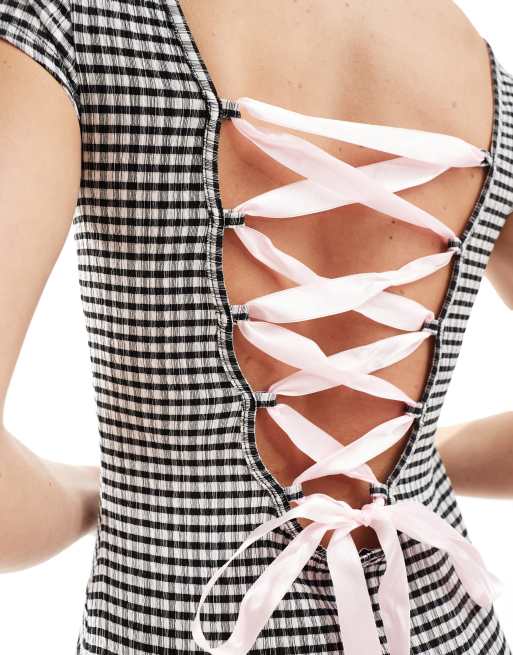 Miss Selfridge ribbon tie back mini dress in gingham | ASOS 