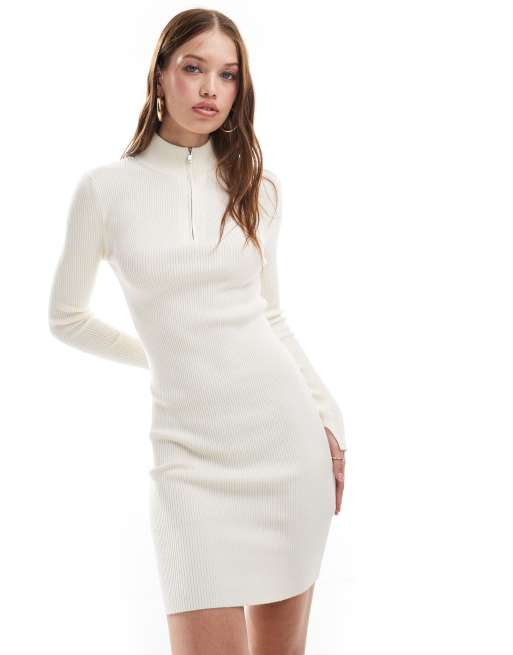 Miss Selfridge - Ribgebreide mini-jurk met col met korte rits in crème, 2 van 4