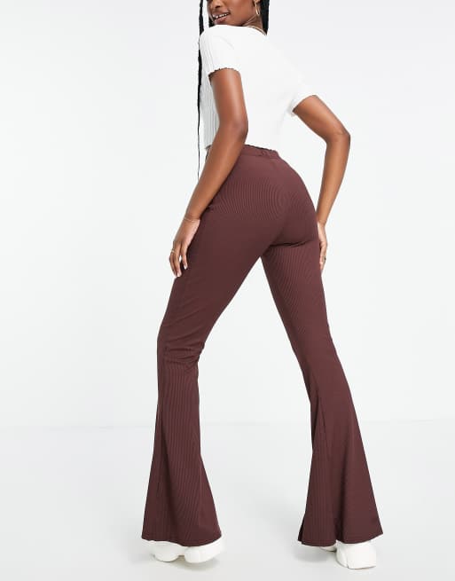 Miss Selfridge - Ribstrikkede bukser med slidser foran i chokoladebrun, 3 af 4