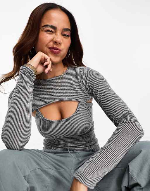 Miss Selfridge - Ribstrikket 2-i-1-bolerotop i koksgrå 