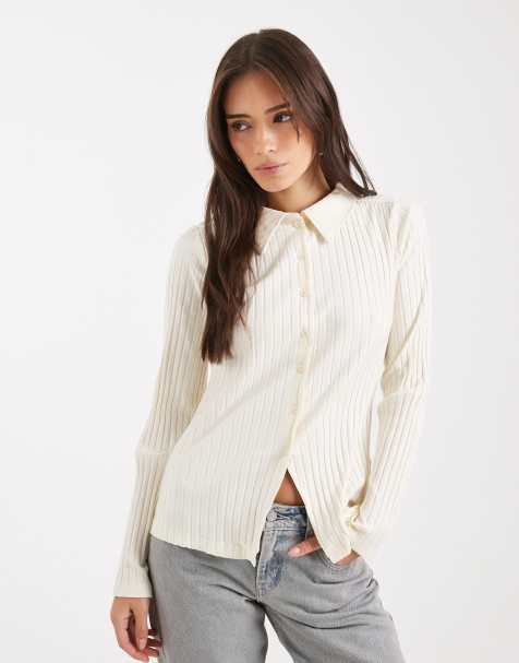 Miss Selfridge - Ribstrikket cremehvid skjorte med kravedetalje - view 1