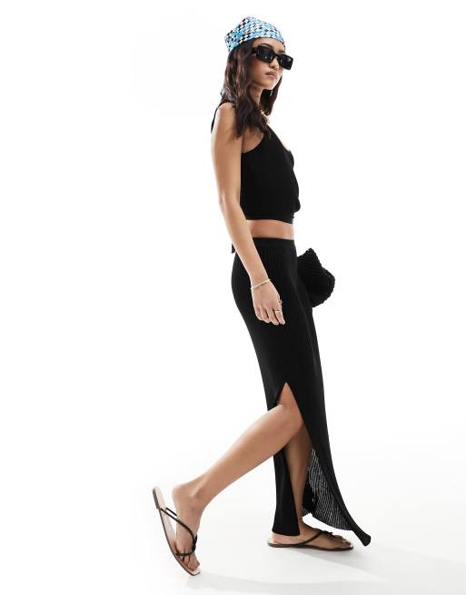 Miss Selfridge - Ribstrikket maxinederdel til stranden i sort, 4 af 5