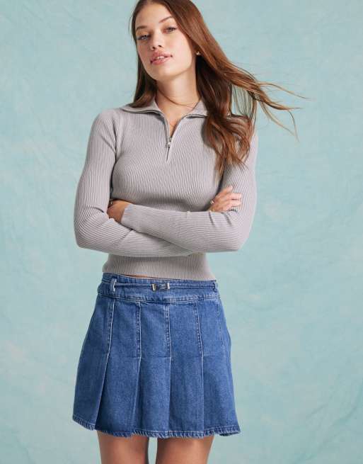 Miss Selfridge - Ribstrikket og gråmeleret top med halv lynlås i kraven