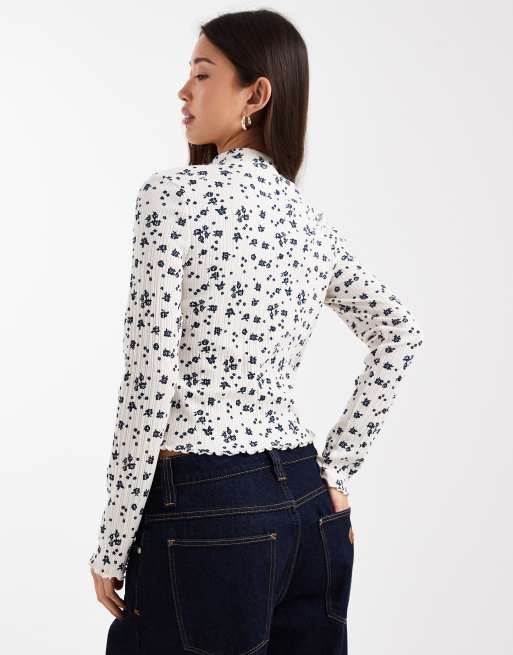 Miss Selfridge - Ribstrikket top med høj hals og småblomstret print, 2 af 4