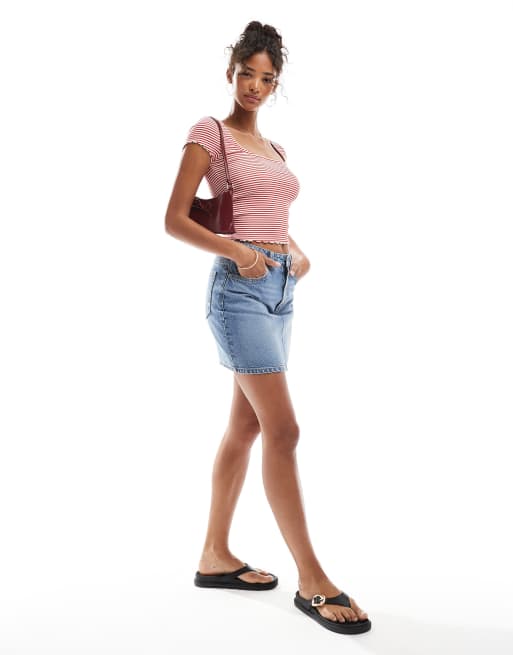 Miss Selfridge - Ribstrikket top med korte ærmer, blondekanter og striber, 4 af 4