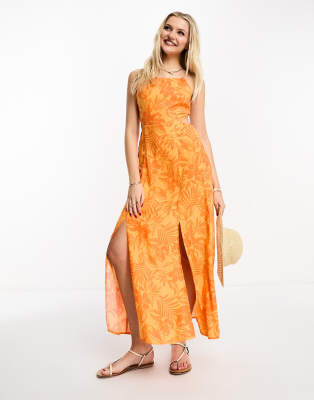 Miss Selfridge - Riemchen-Maxikleid in Orange mit tropischem Blumenmuster und Zierausschnitt